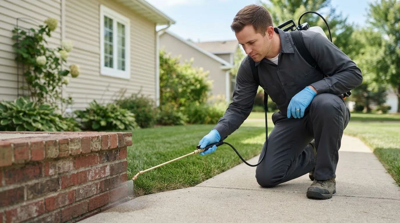 Pest control technician treating a home near Grants, NM